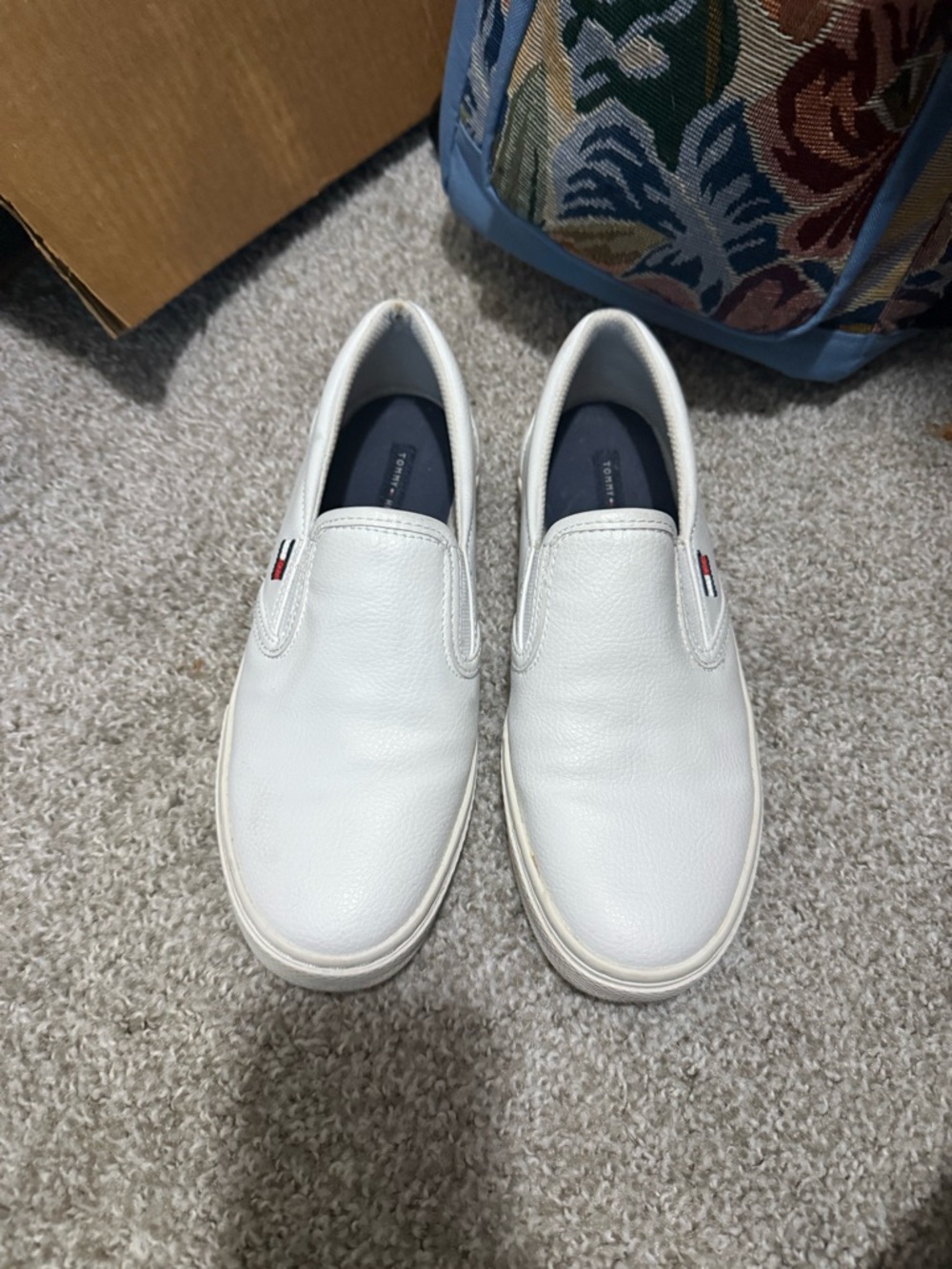 Tommy Hilfiger White Leather Slip-On Loafers with Flag Accent